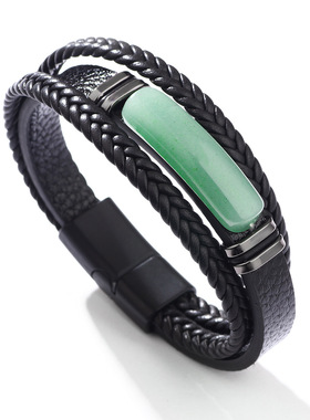 欧美跨境皮手链绿东陵石头手工编织PU皮革手环不锈钢圈男士手饰品