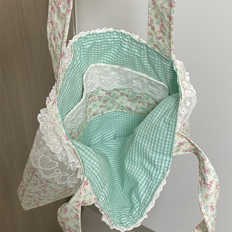 出去玩背的包碎花帆布包学生党大容量百搭韩系单肩包蕾丝手提包女