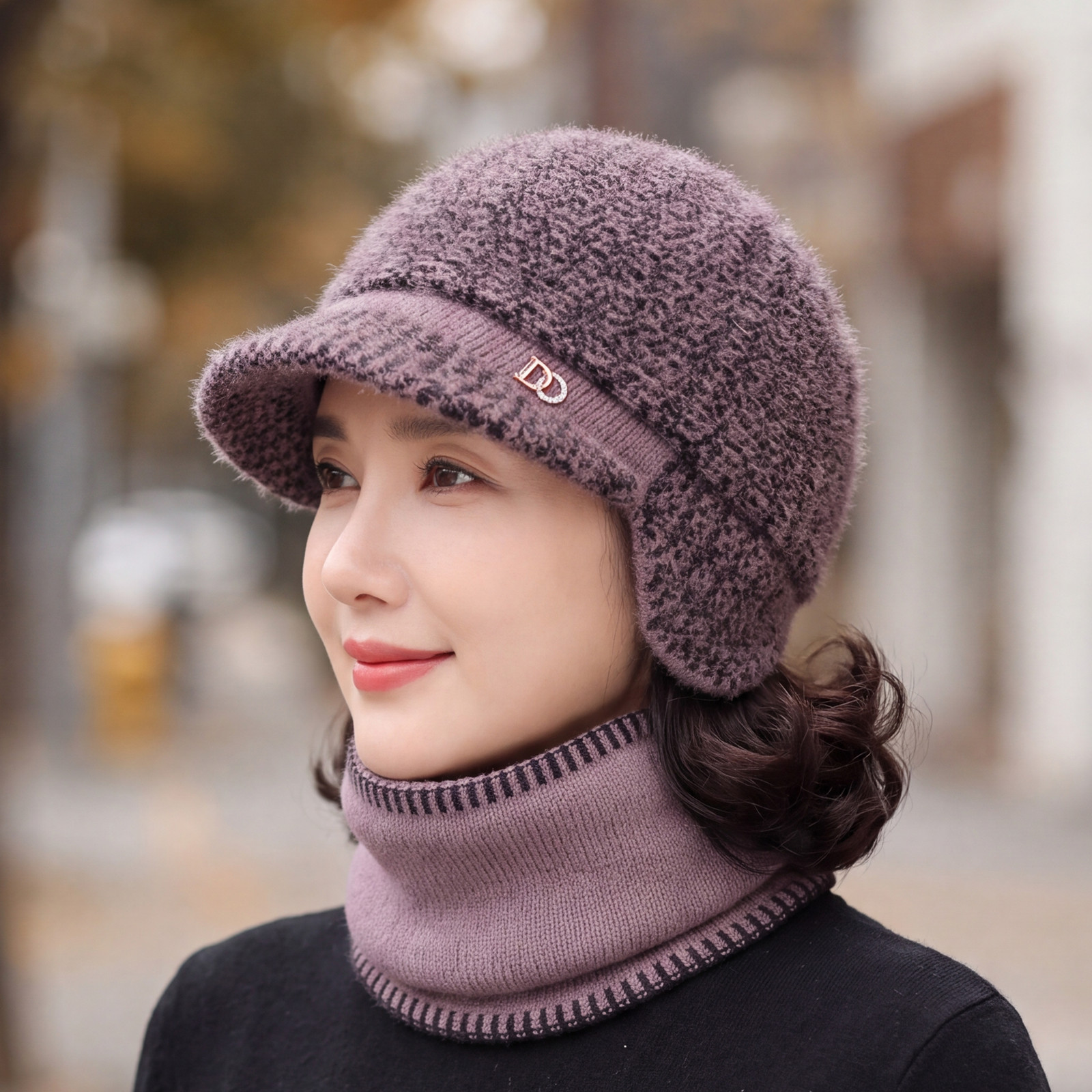 中老年女冬季针织毛线帽妈妈护耳保暖防寒户外加厚老人奶奶鸭舌帽