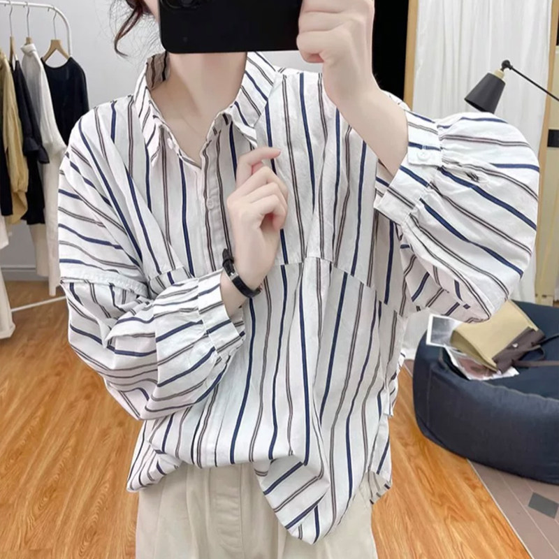 2026早春大码女装复古条纹蝙蝠袖纯棉条纹长袖衬衫女减龄上衣