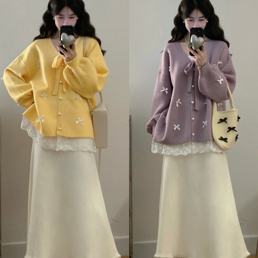 大码秋冬甜美可爱蝴蝶结蕾丝拼接针织开衫毛衣+半身裙两件套