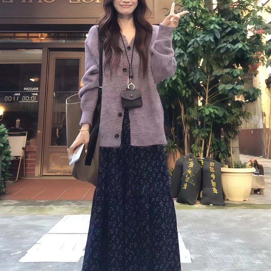 复古紫色中长款针织开衫软糯毛衣慵懒高级感外套女秋冬季新款上衣