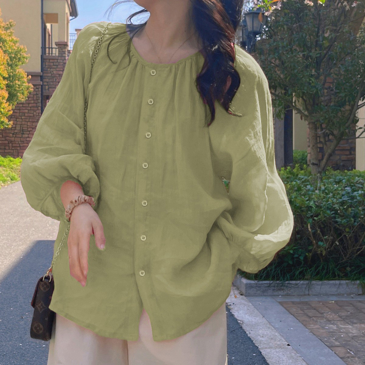 2026大码女装宽松休闲100支加密苎麻圆领衬衫M-4XL200斤