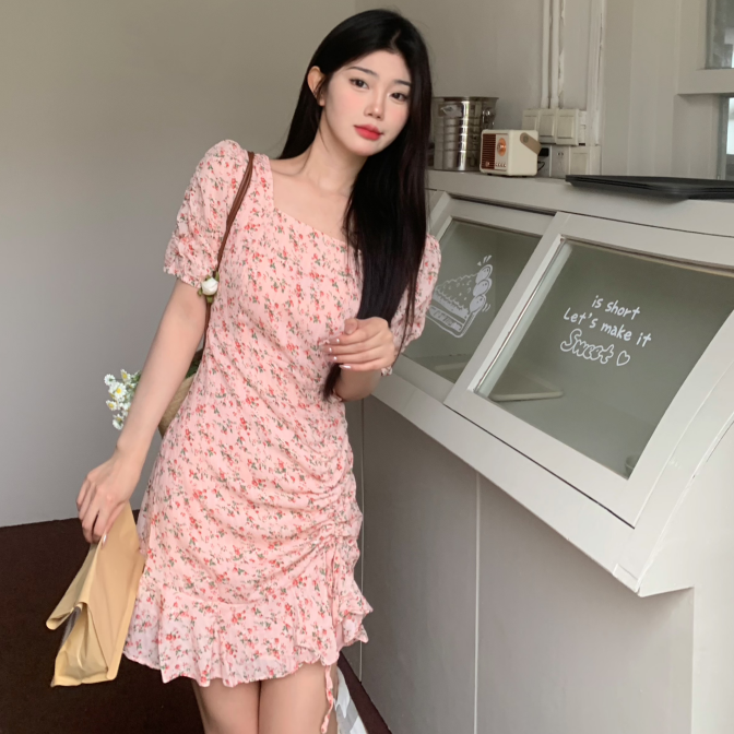 夏装大码女装碎花胖mm甜美方领收腰显瘦仙女连衣裙M-4XL200斤