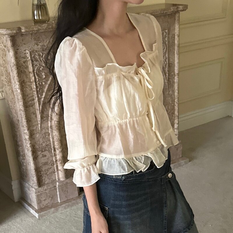 韩国东大门春季复古温柔系带木耳荷叶边微透长袖衬衫上衣女