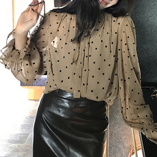 龍喜儿春装新款法式优雅复古波点飘带宽松显瘦衬衫温柔风长袖上衣