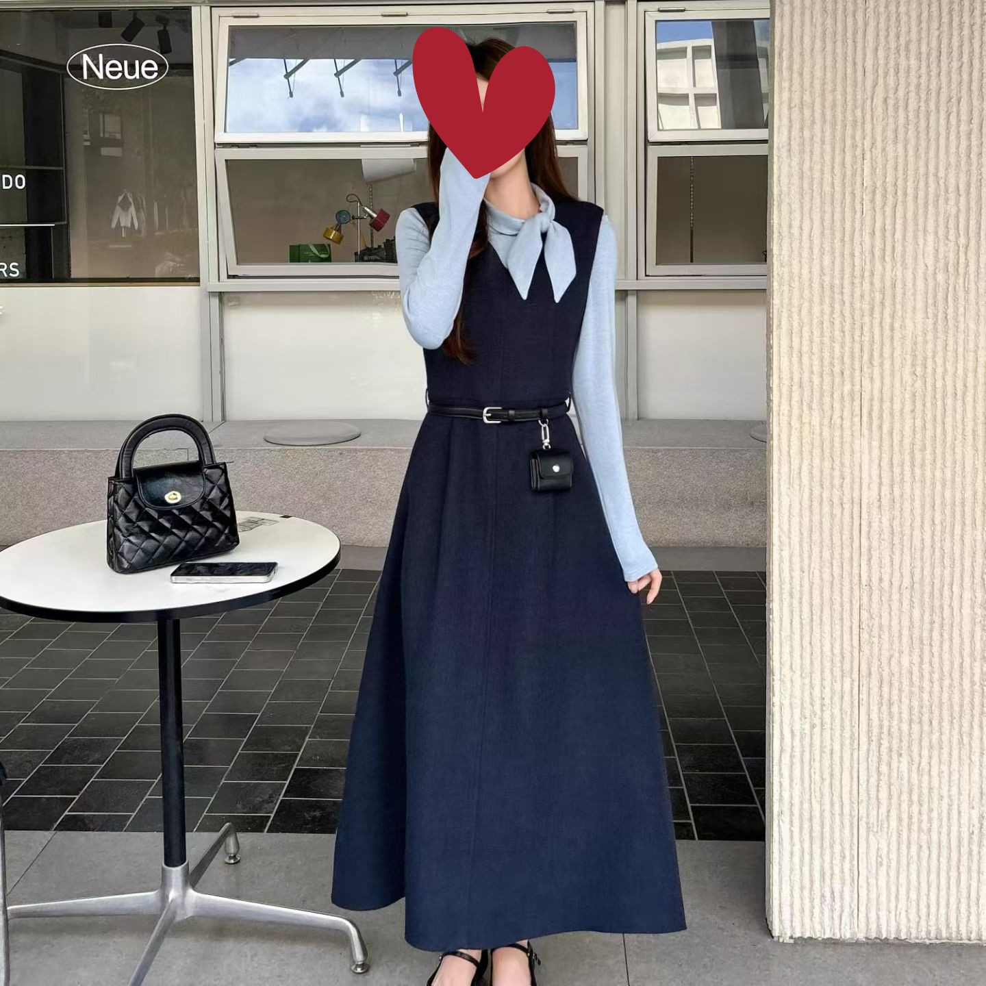 2025秋韩系蝴蝶结针织打底衫+无袖呢料长款连衣裙+皮带三件套