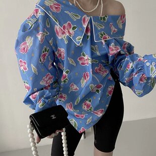 有货韩国Chic 衬衣 前后两穿印花灯笼袖