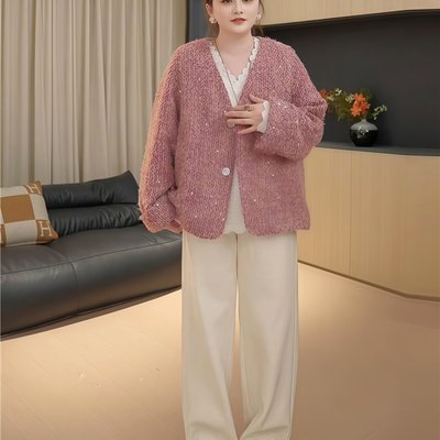 大码女装重工珠片小香风短外套女冬季胖mm气质巨百搭显瘦大衣