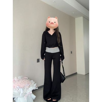 早秋新款慵懒风短款拉链开衫卫衣外套女休闲时尚微喇裤套装上衣服