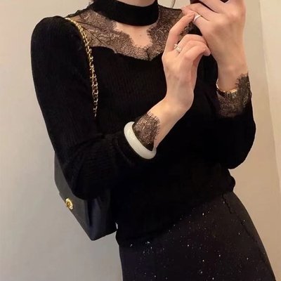 小个子黑色蕾丝拼接半高领针织打底衫女可外穿上衣秋冬高级感内搭