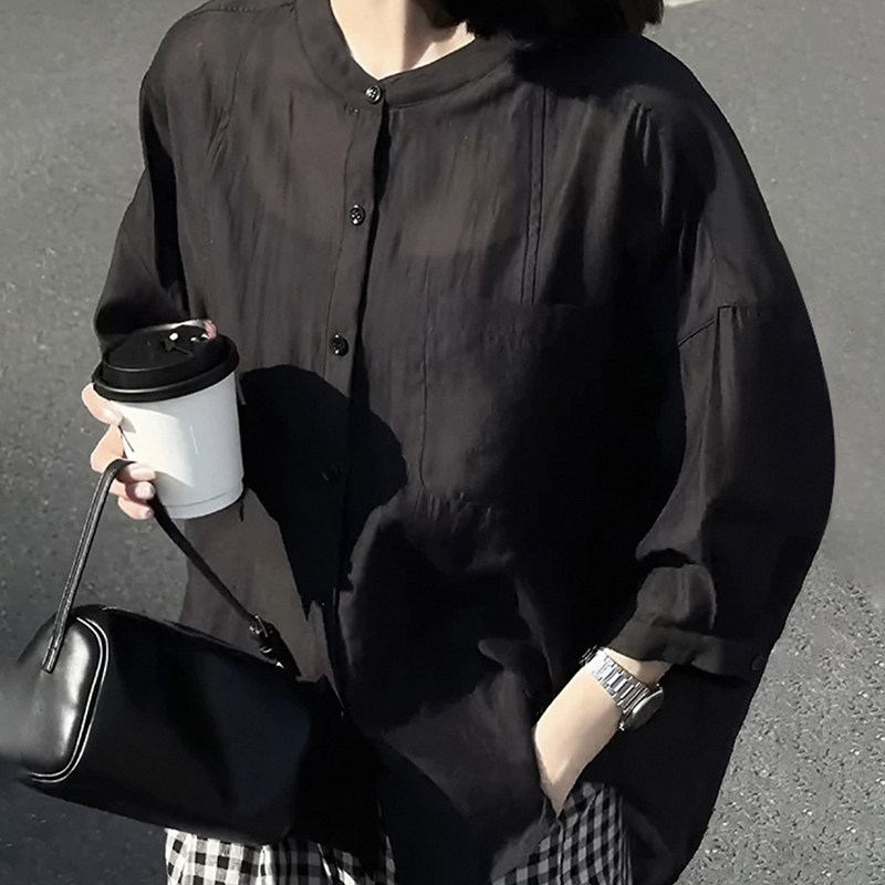 夏装新款大码女装韩版轻奢简约气质网纱中袖棉麻轻薄透款衫