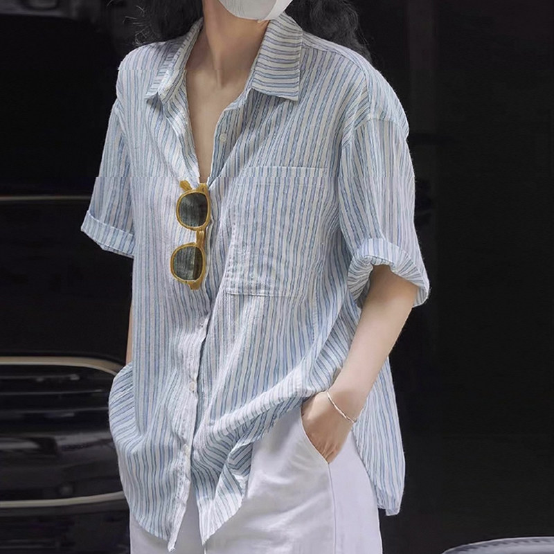 夏装新款大码女装复古条纹棉麻短袖衬衫慵懒松弛感外搭宽松上衣