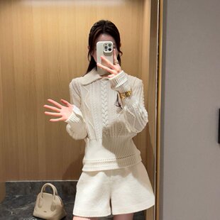 套装 翻领麻花毛衣女冬季 上衣百搭休闲短裤 设计感显瘦针织衫 新款