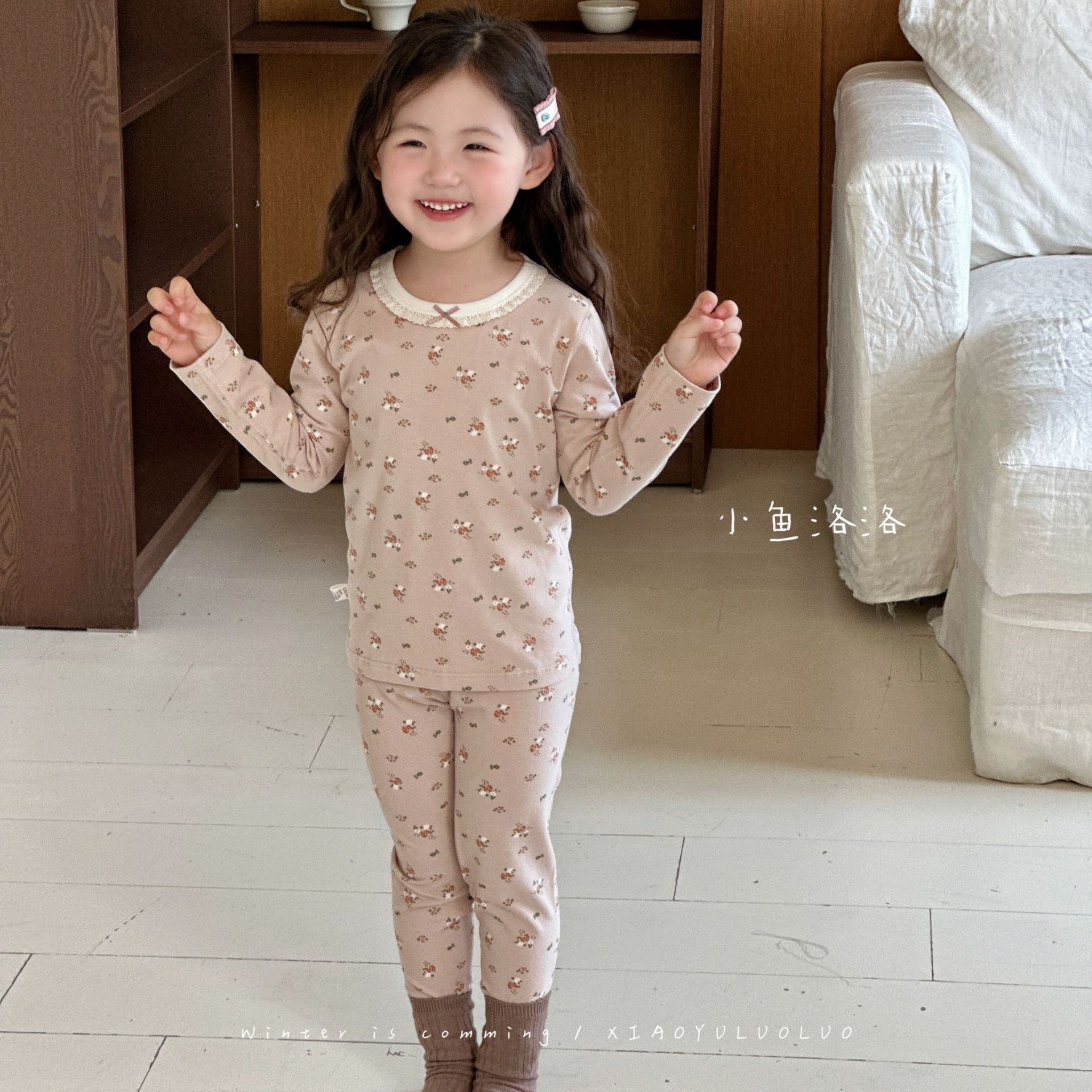 小鱼洛洛&绿博尔现货a类亲肤莱卡棉家居服儿童秋冬加厚睡衣套装