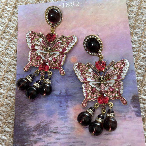中古vintage高级感欧美风百搭复古做旧镶钻蝴蝶耳环小众设计A082