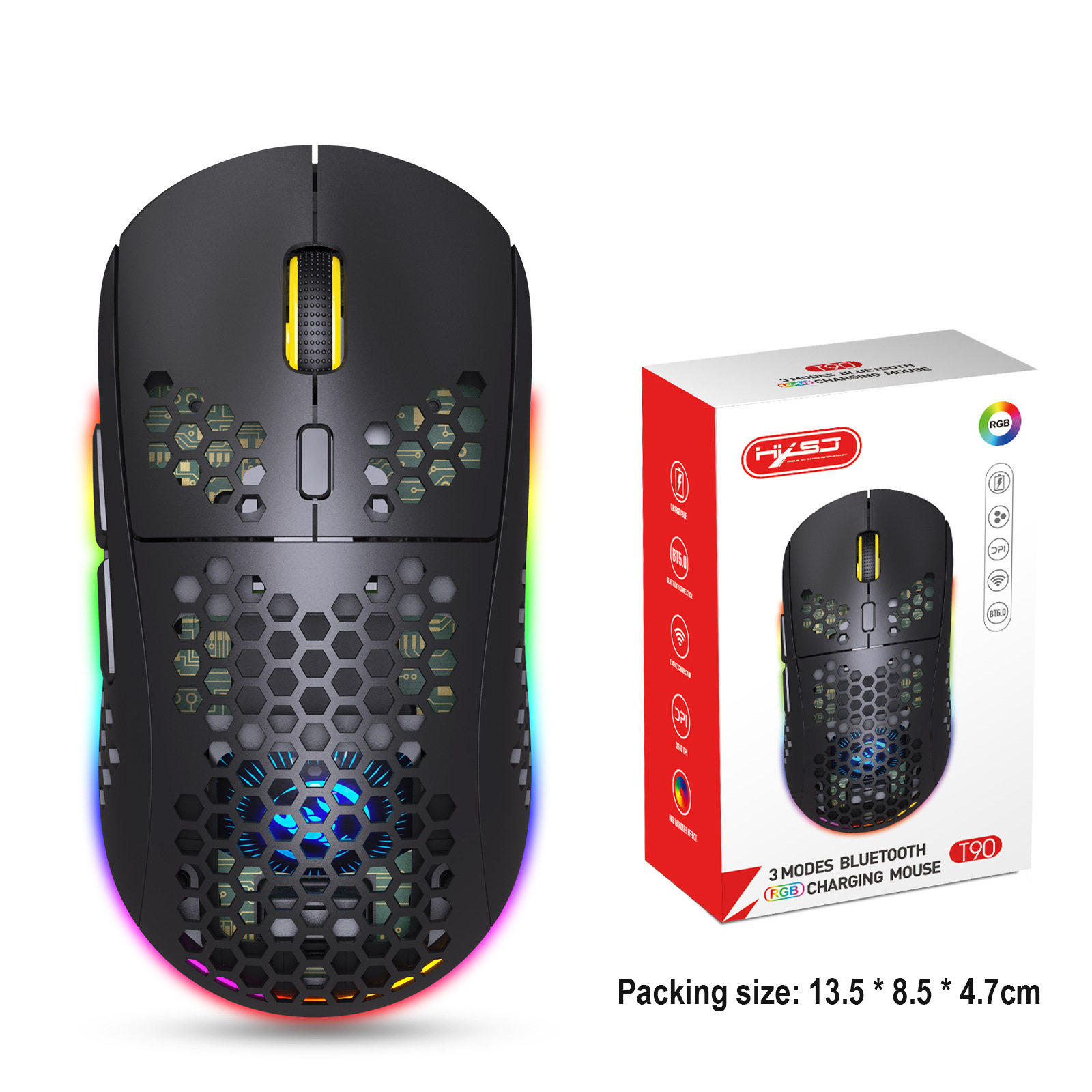 HXSJ 홀 마우스 무선 블루투스 듀얼 모드 RGB 발광 E-스포츠 게임 홈 오피스 TYPE-C 충전식