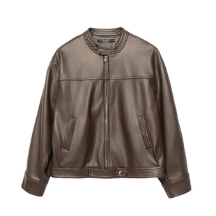 高级感咖色立领拉链款 复古夹克美拉德穿搭酷 皮衣外套女2026新款