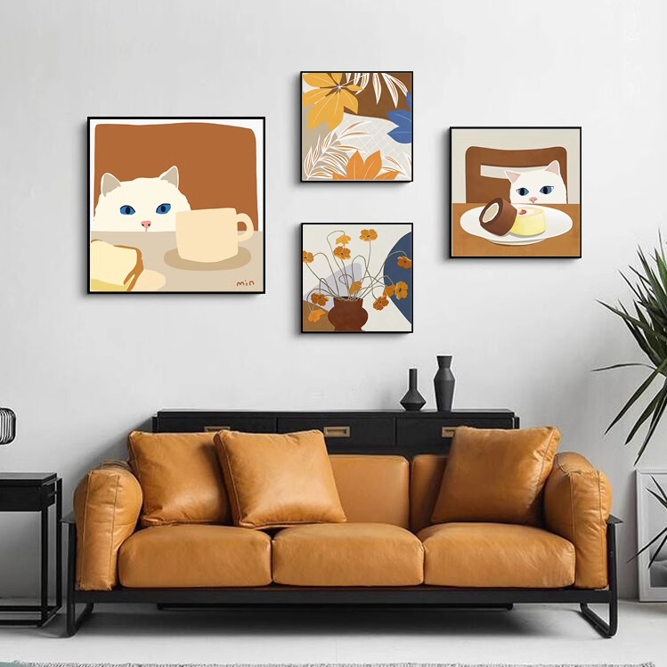 ins风偷喝牛奶的猫咪客厅装饰画儿童房床头可爱卡通挂画餐厅壁画图片