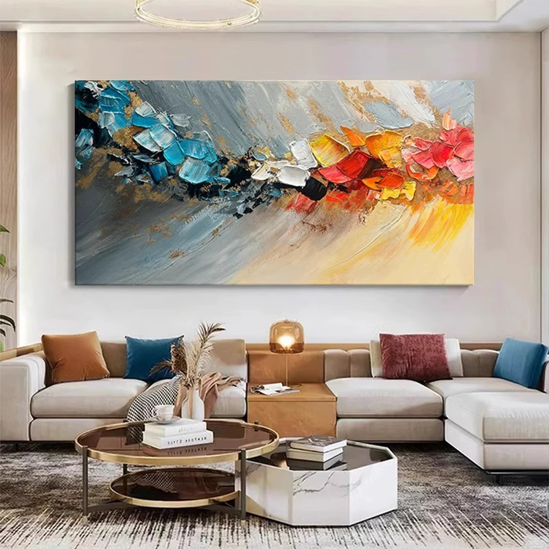 现代简约装饰画美式高级感小众艺术彩色系沙发背景墙横版抽象壁画图片