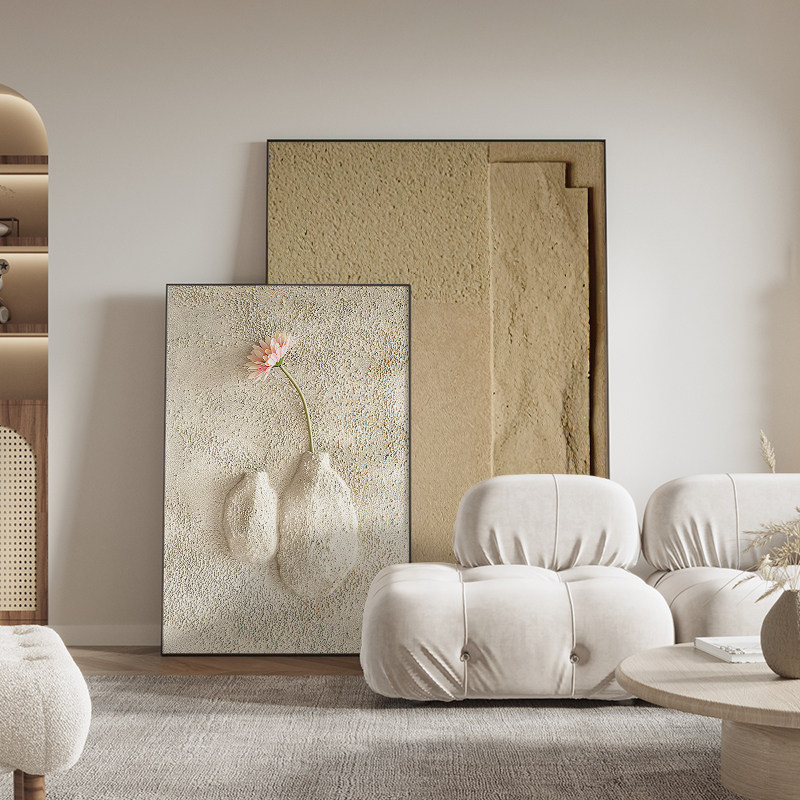 侘寂风高级感莫兰迪落地客厅沙发背景墙装饰画抽象叠加双联挂画
