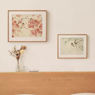 花鸟画成双对爱情寓意好客厅装饰画床头卧室原木风日式高级感挂画