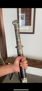 不锈大马士革钢一体锻打环首刀白铜精雕装具黑檀木龙泉唐刀未开刃