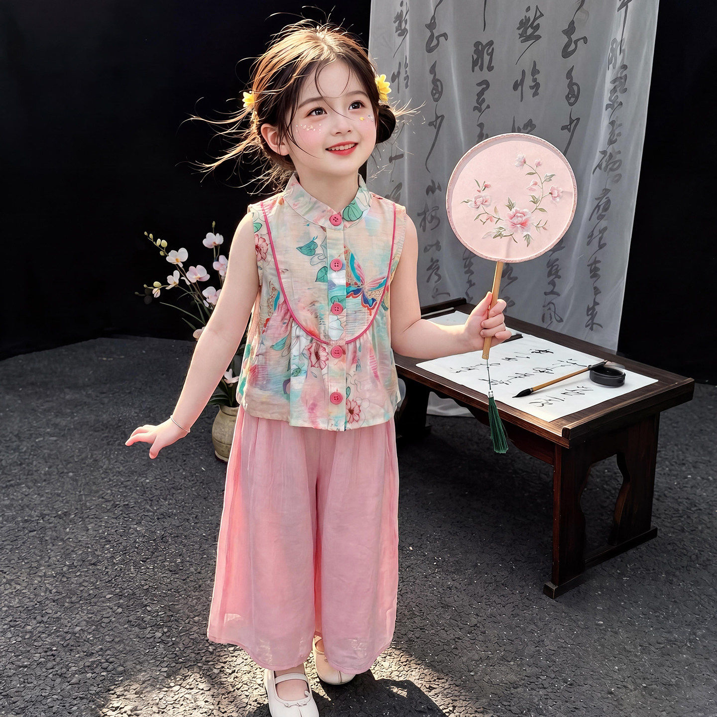 欧洲站女童夏装新中式国