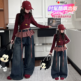 欧洲站女童潮酷套装秋冬款2025大童女孩辣妹加绒拼接格纹花边阔腿