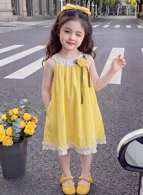 欧洲站女童夏季挂颈黄色洋装女宝宝夏装甜美无袖中长裙度假风夏款