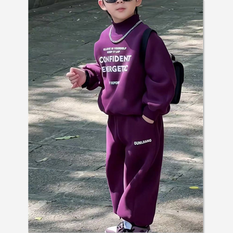 欧洲站男童秋冬加绒卫衣套装中小童冬季新款简约纯色加厚洋派卫裤