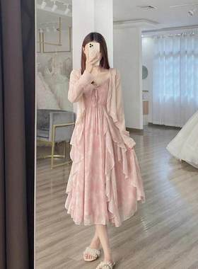 欧洲站2025新款法式高级感气质海边度假长裙粉色吊带两件式洋装装