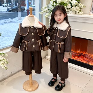 欧洲站女童冬装新款加绒加厚毛领外套假两件裤子套装2025新款皮衣