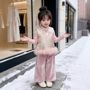 欧洲站女童新中式夹棉套装2025冬季新款儿童国风毛毛旗袍马甲宝宝