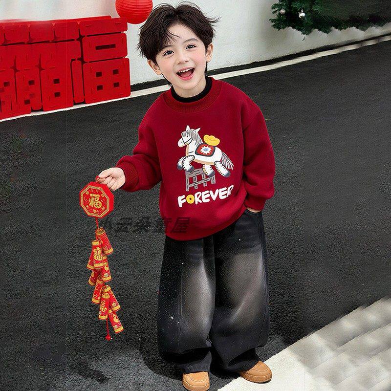 欧洲站男童过年红色加绒小马卫衣2026秋冬新款儿童宝宝洋气加厚喜