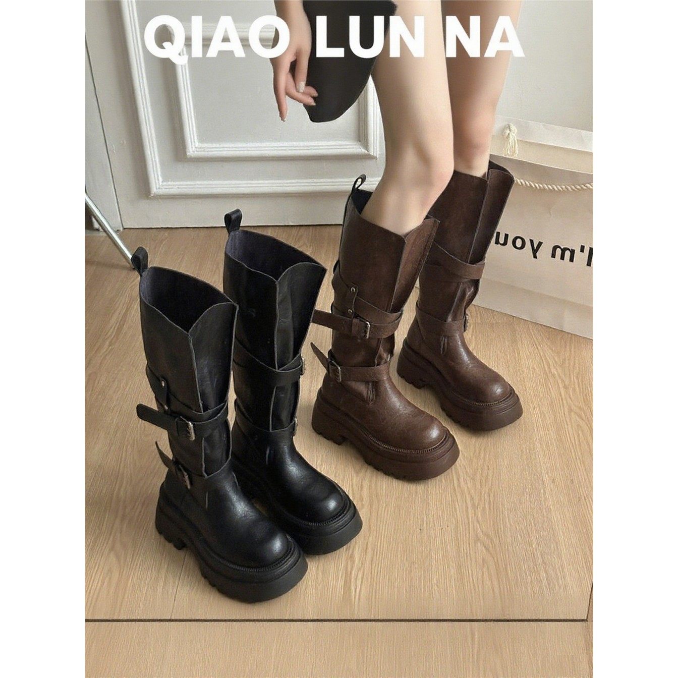 欧洲站不过膝靴子女2025年新款秋季胖mm高筒骑士靴百搭皮带扣厚底,女鞋,马丁靴,淘宝优惠券,粉丝福利购,淘宝优惠卷