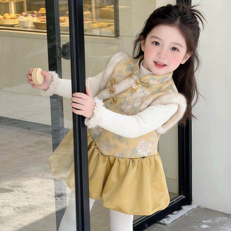 欧洲站女童加绒旗袍裙冬季2026新款新年周岁礼服女宝宝国风背心裙
