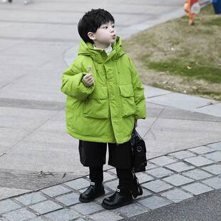 欧洲站男童棉服冬季羽绒棉衣2025新款儿童绿色大口袋中长款连帽棉
