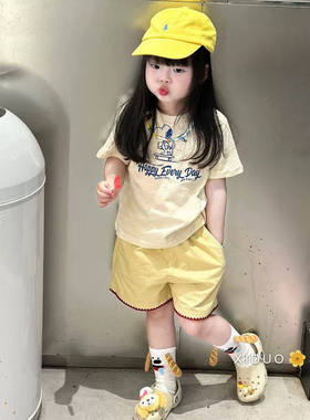 欧洲站韩系女童夏季套装2026新款女宝宝卡通印花短袖黄色简约短裤