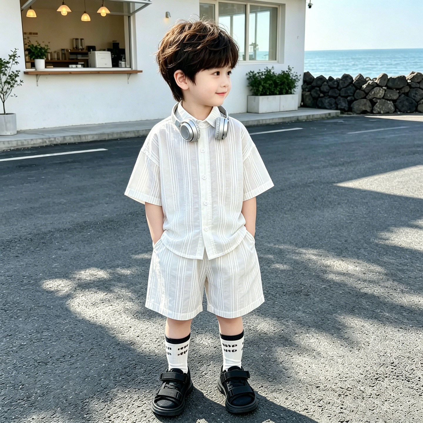 欧洲站男童夏季短袖套装2026新款儿童韩系白色衬衫短裤两件套男宝