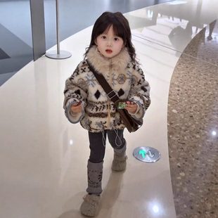 欧洲站儿童羊羔绒毛领外套2025冬装女童费尔岛加厚加绒棉服宝宝保