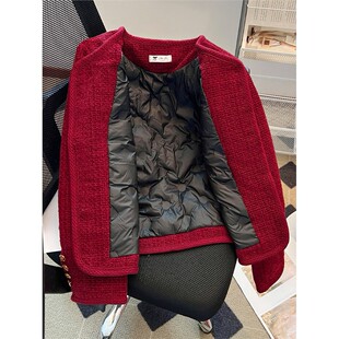 欧洲站红色小香风羽绒外套女秋冬2025新款夹棉加厚小个子本命年短