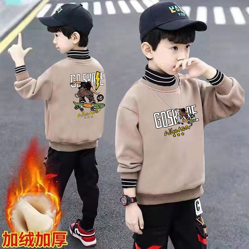 欧洲站儿童秋装加绒加厚假两件卫衣男童秋冬半高领字母印花帅气孩