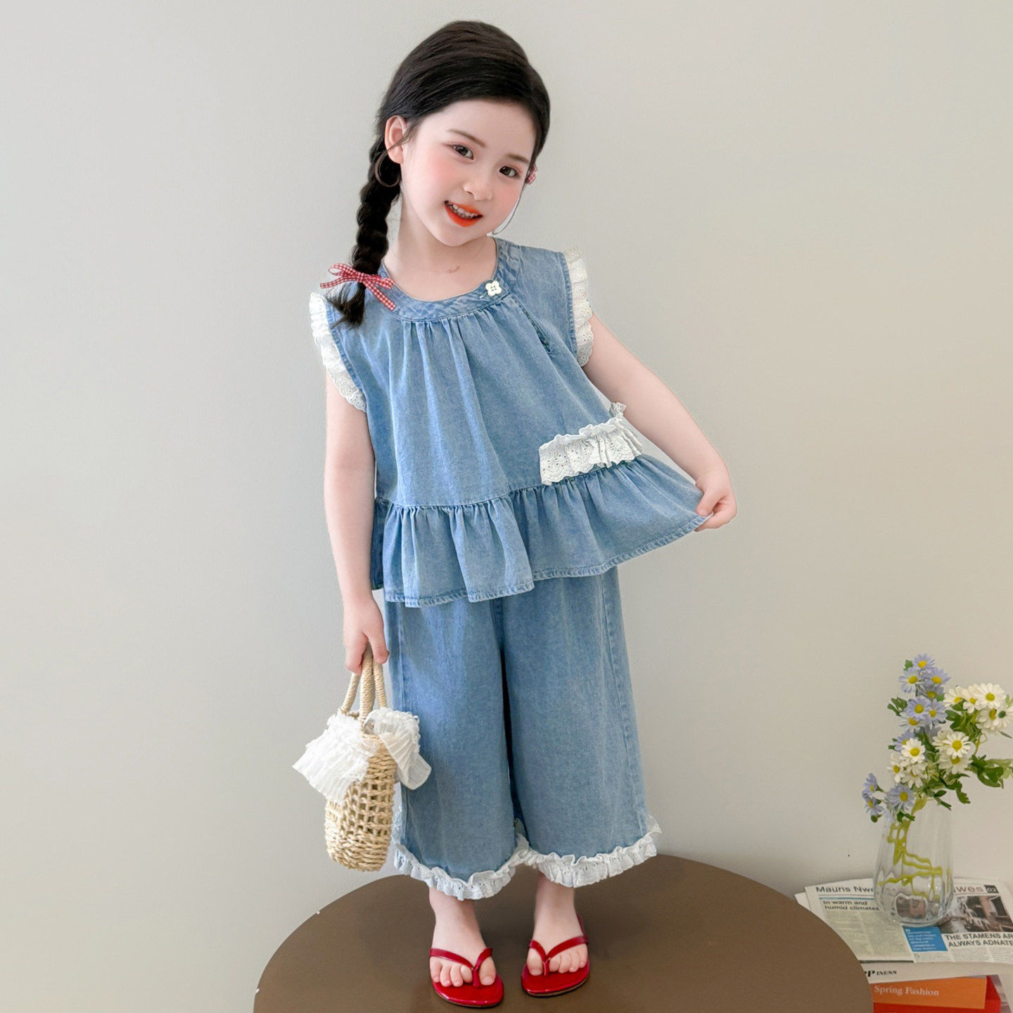 欧洲站女童牛仔套装夏季2026新款儿童无袖背心阔腿裤女宝宝夏装洋