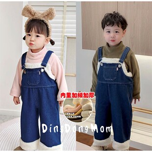 欧洲站儿童牛仔背带裤加绒新款冬装中小童休闲长裤男童女童裤潮洋