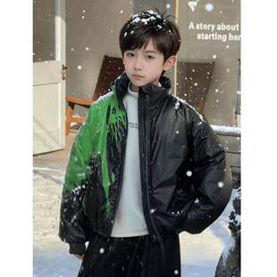 欧洲站男童冬季潮酷温变三防面包羽绒服2025新款青少年儿童极寒滑