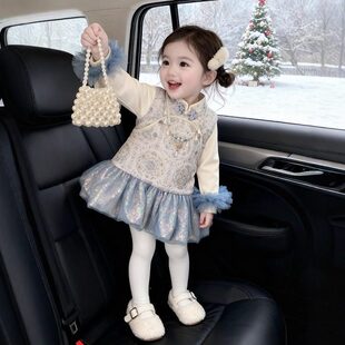 欧洲站女童新中式套装2025冬季新款儿童国风夹棉旗袍公主裙子宝宝