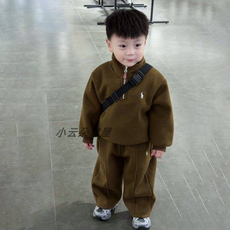 欧洲站男童韩版套装2026秋冬新款儿童宝宝洋气加绒加厚半高领卫衣