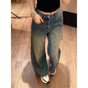 欧洲站烫钻牛仔裤女2025新款秋季小个子高腰覆古宽松垂感直筒阔腿