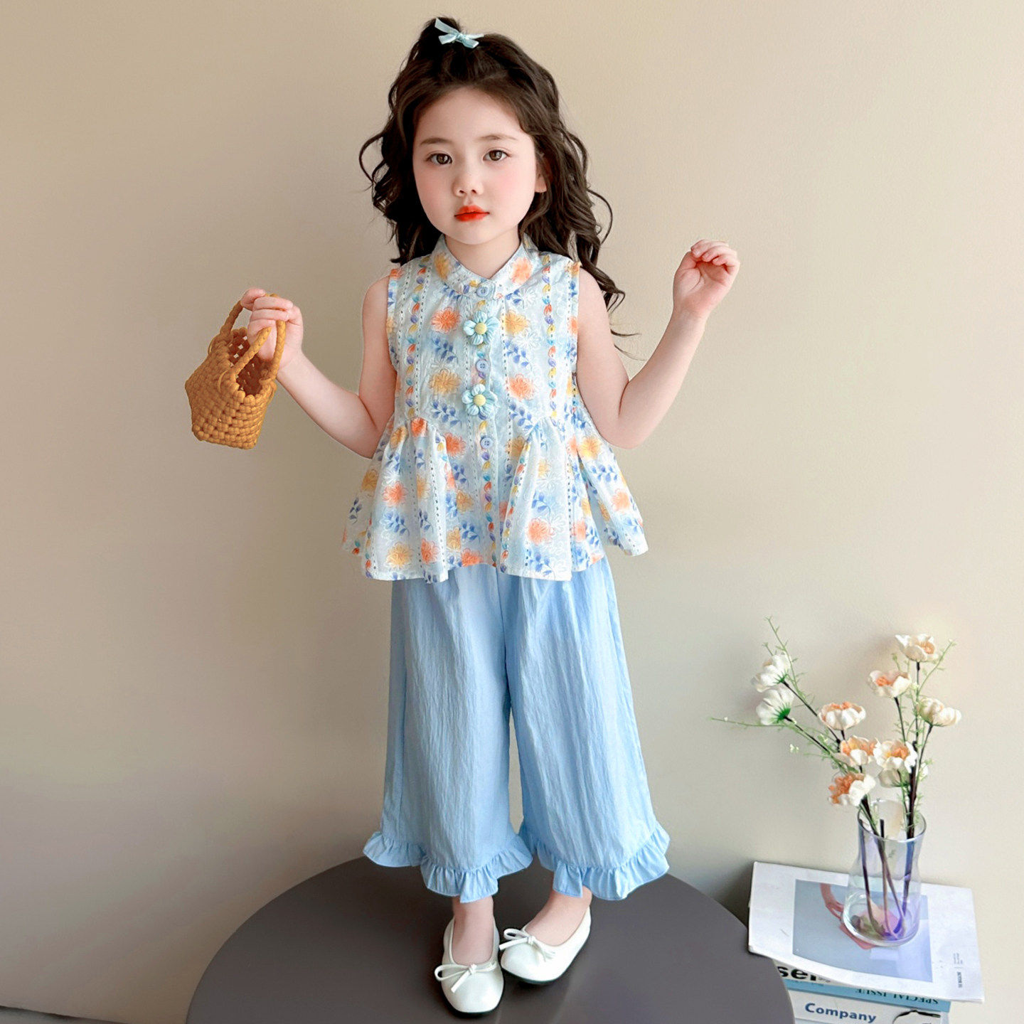 欧洲站女童夏季立领花朵
